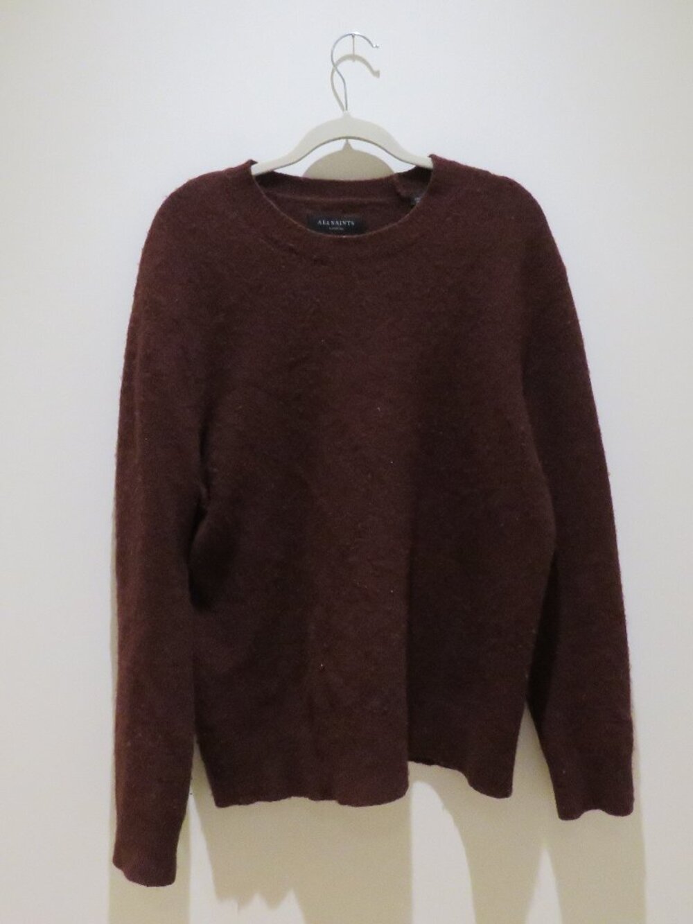 ALL SAINTS Hawk Crew Sweater Wool Yak Blend Burgundy Men's Medium Minimalist - Picture 2 of 12